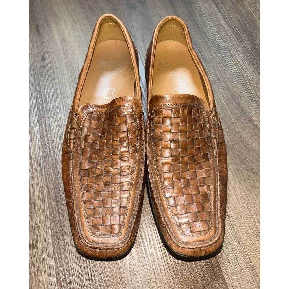 Ecco Brown Leather Woven Slip On Dress Shoes Men’s Size 44 US 10-10.5
